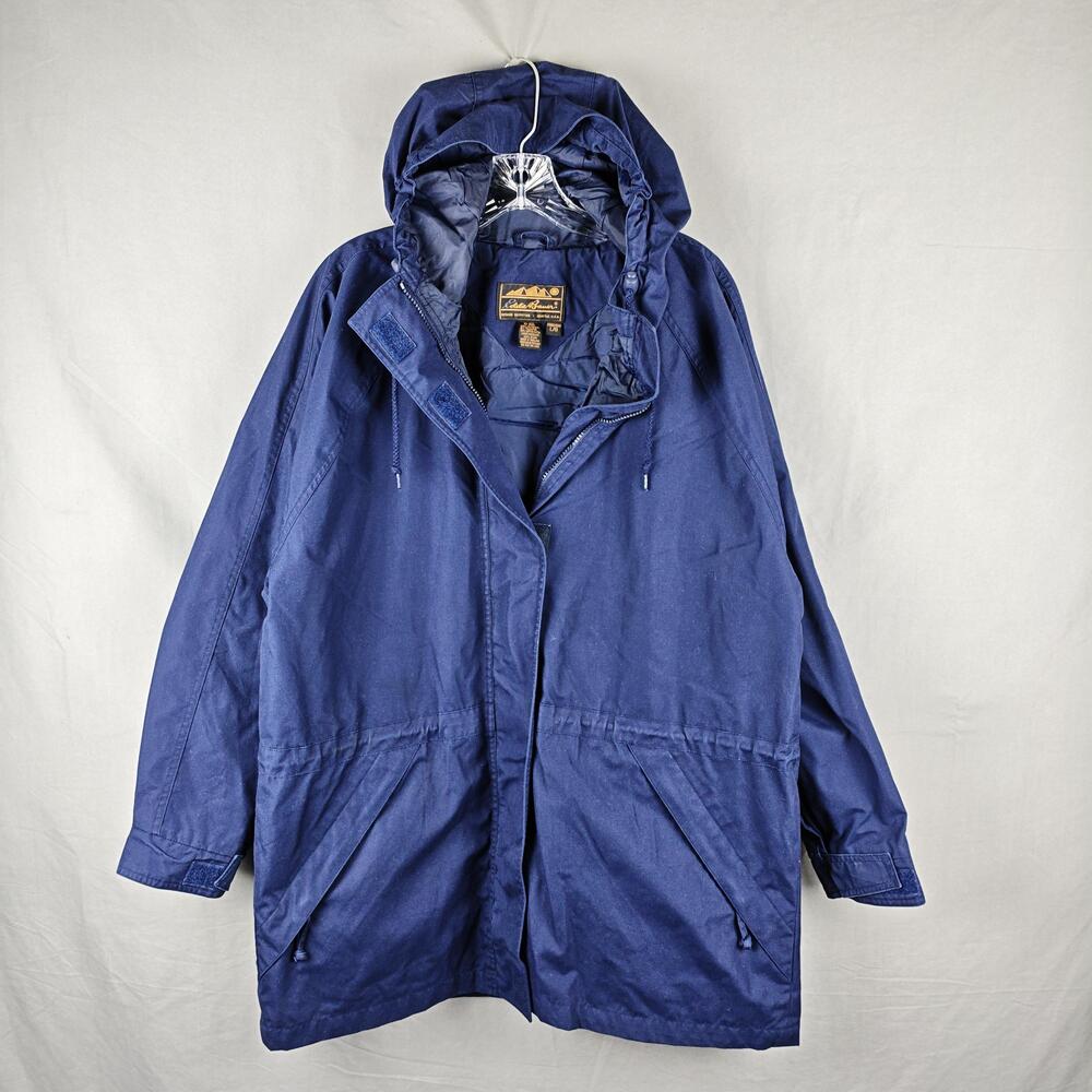 Vintage Eddie Bauer Coat Womens Large Blue Hooded Parka Insulated Outdoor Nylon